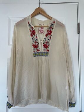 Johnny Was Cream Embroidered V-Neck, Pintuck Peasant Blouse, Small